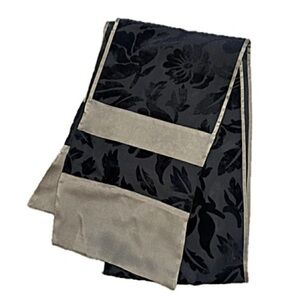 Kavita Painted Silks Black Velvet Burnout Floral Scarf with Taupe Satin Border